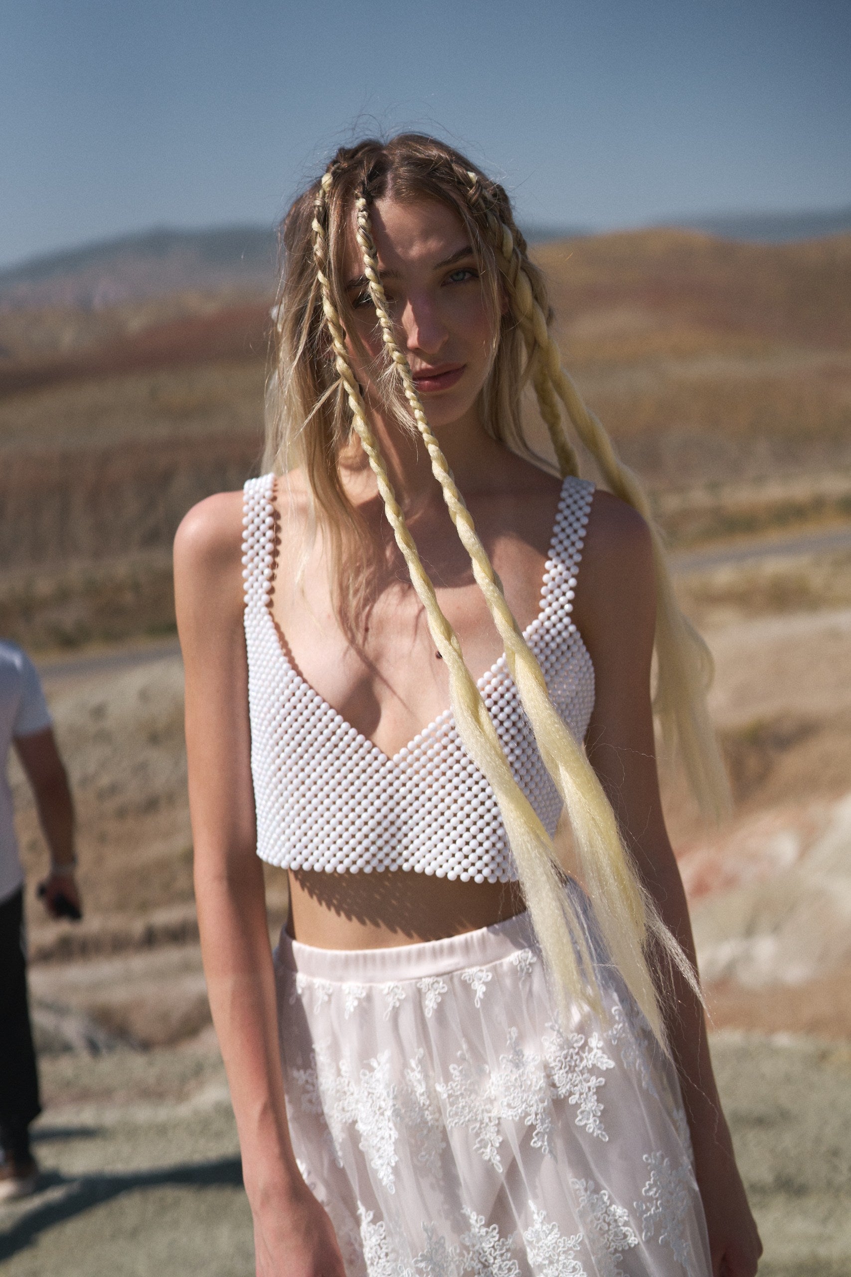 Chic pearl bralette on model