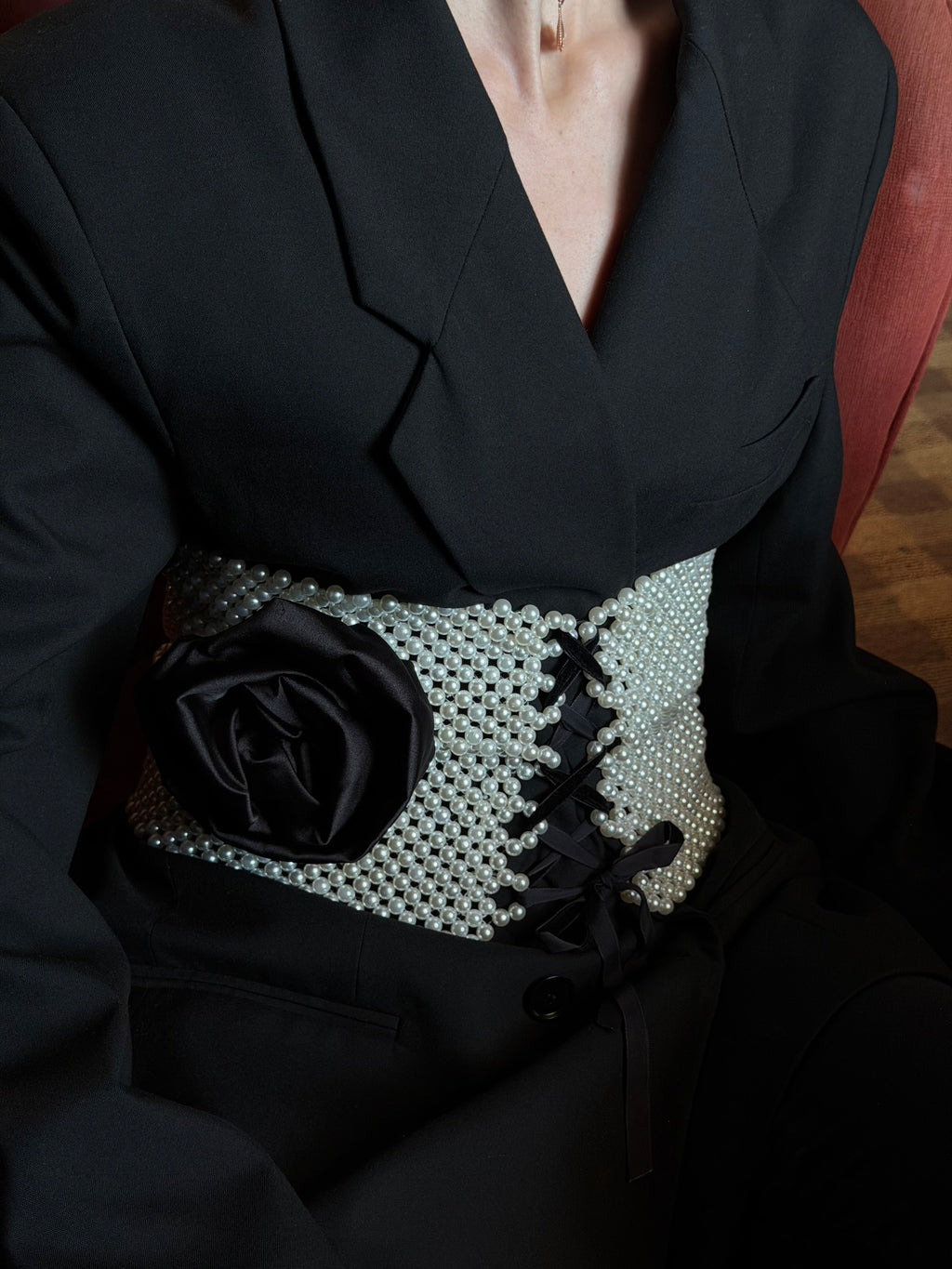 Elegant pearl corset styled outfit